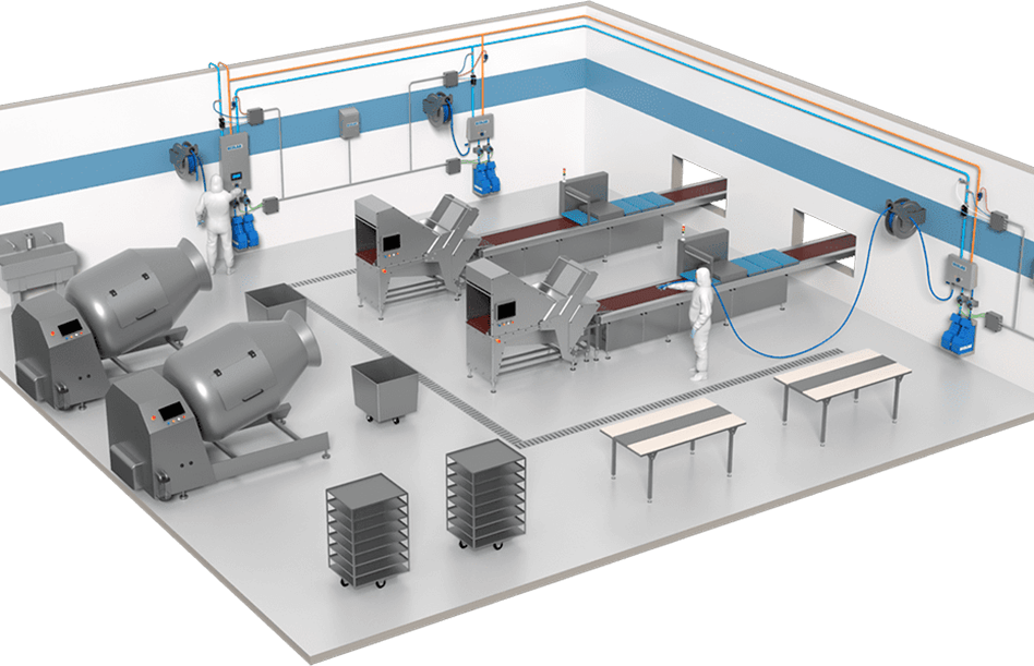 Isometric view of a meat processing plant, showing workers manually cleaning conveyor belts, cutting tables and mixing drums