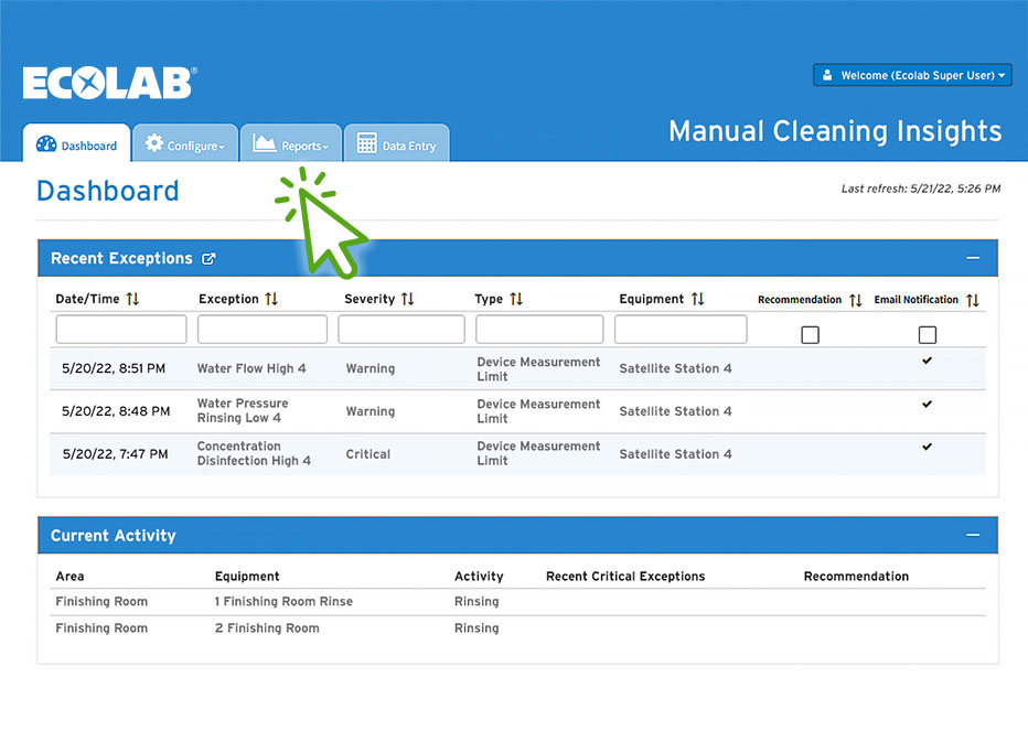 Ecolab Manual Cleaning Insights dashboard
                      screen with arrow pointing to Reports tab