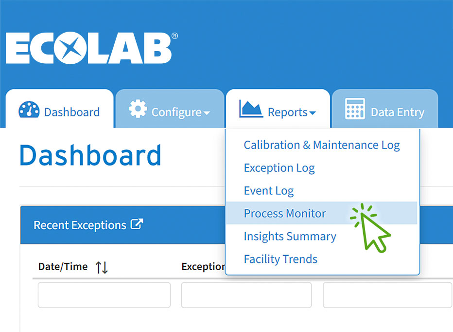 Close up view of Ecolab Manual Cleaning Insights dashboard screen with drop down menu opened and Process Monitor highlighted